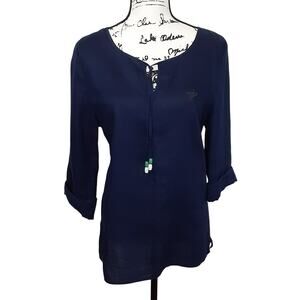 HiHo 100% Linen Tie Neck Tunic Top Long Sleeve Navy Blue Womens M Swim Cover Up